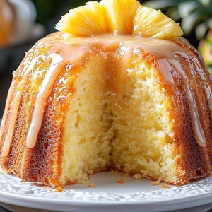 May include: A golden-brown pineapple upside-down cake, glazed with a caramel sauce, sits on a white plate. A slice of fresh pineapple tops the cake. The cake has a moist, fluffy texture and is a dessert.