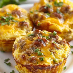 Può includere: Tre muffin di uova dorati per la colazione con salsiccia e formaggio, guarnite con cipolle verdi tritate su un piatto bianco.