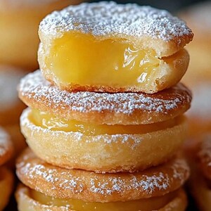 May include: A stack of four lemon curd filled cookies dusted with powdered sugar. The top cookie is partially eaten, revealing the bright yellow lemon curd filling.