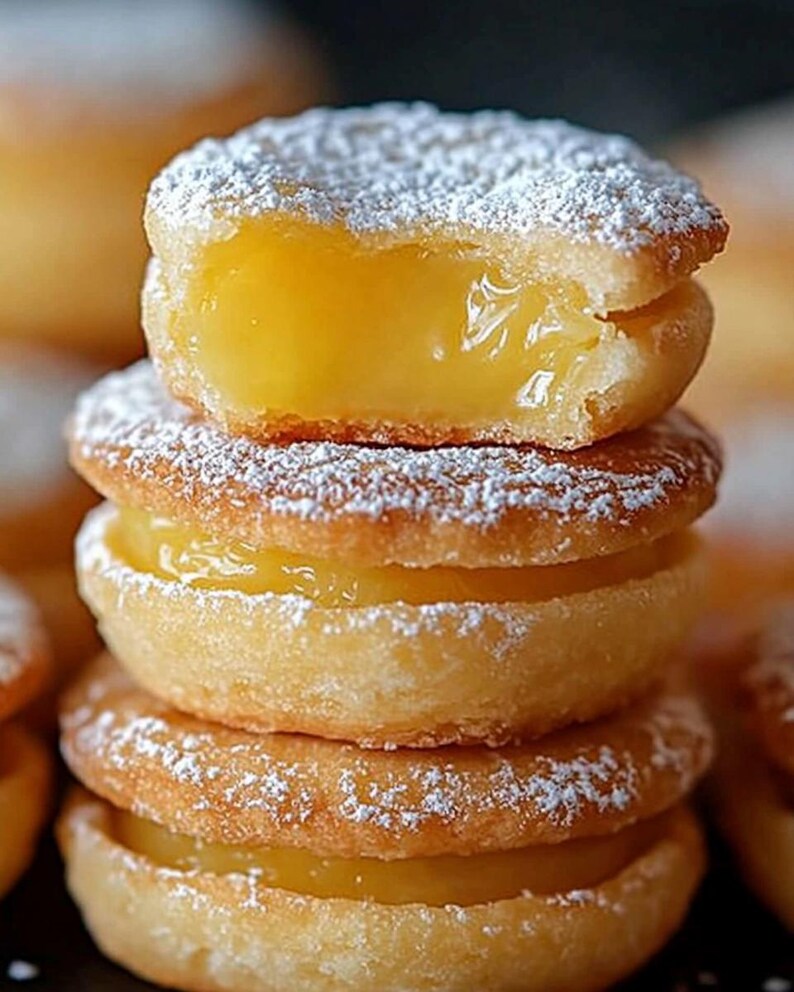 May include: A stack of four lemon curd filled cookies dusted with powdered sugar. The top cookie is partially eaten, revealing the bright yellow lemon curd filling.