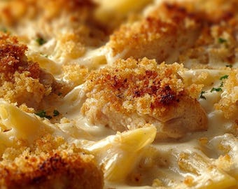 LA MEJOR RECETA de Penne al Horno con Pollo Alfredo Cremoso, Receta Imprimible en PDF / Aderezo Crujiente de Parmesano / Cazuela Fácil para Cena Familiar, Descargar.