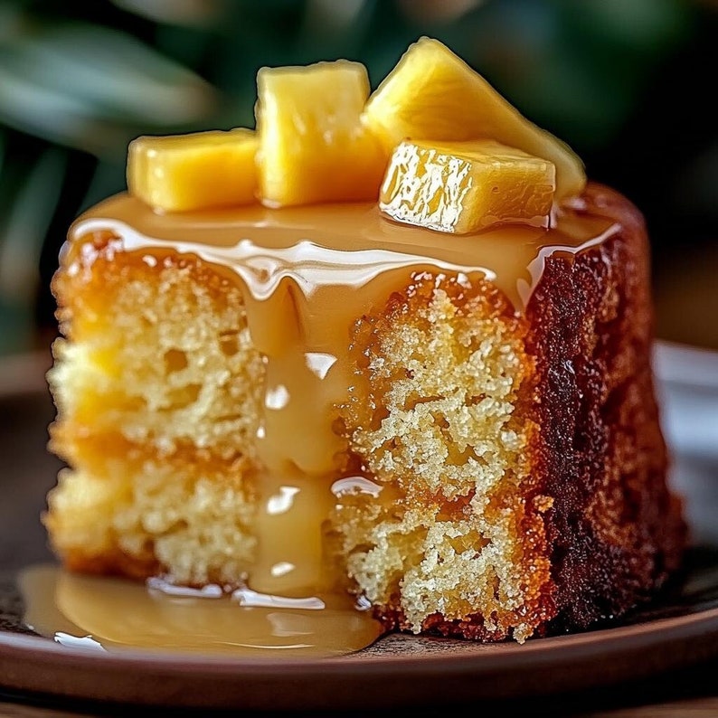 Peut inclure: Un gros plan d'un g&acirc;teau jaune garni de morceaux d'ananas et d'une sauce au caramel. Le g&acirc;teau est tranch&eacute; et la sauce au caramel coule sur les c&ocirc;t&eacute;s.