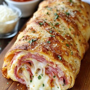 Può includere: Uno stromboli dorato, ripieno di formaggio fuso e salumi, è adagiato su un tagliere di legno. Una ciotola di salsa rossa e formaggio grattugiato sono a lato. Spolverato con erbe.