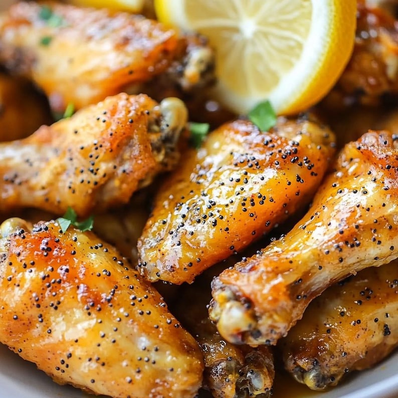 May include: Close-up of crispy, golden brown chicken wings coated in a glossy sauce and sprinkled with black pepper. The wings are arranged on a white plate with a slice of lemon.