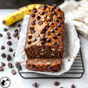 May include: A loaf of chocolate chip banana bread, sliced to reveal the interior. The bread is dark brown, studded with chocolate chips on top and throughout. A yellow banana rests in the background, with scattered chocolate chips.