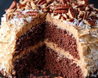 Puede incluir: Un pastel de chocolate de dos capas cubierto con un glaseado de crema de mantequilla marrón y cubierto con nueces de nogal picadas y coco rallado.