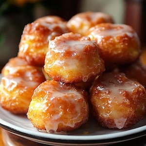 Puede incluir: Primer plano de un plato de donuts glaseados. Los donuts son de color marrón dorado y tienen un glaseado brillante. El texto "the best doughnuts the world." es visible en la parte inferior de la imagen.