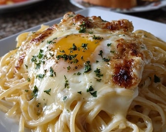 EINFACHES REZEPT für cremige Knoblauch-Parmesan-Pasta - Spiegelei-Spaghetti (PDF Download)