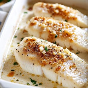 May include: Three baked fish fillets in a white ceramic baking dish. The fillets are topped with a golden-brown, seasoned crust and sit in a creamy sauce. Fresh herbs are sprinkled around the edges of the dish.