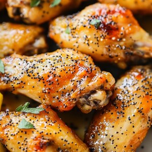 May include: Close-up of several golden brown chicken wings with black peppercorns on top. The wings are arranged in a pile and look crispy and delicious.