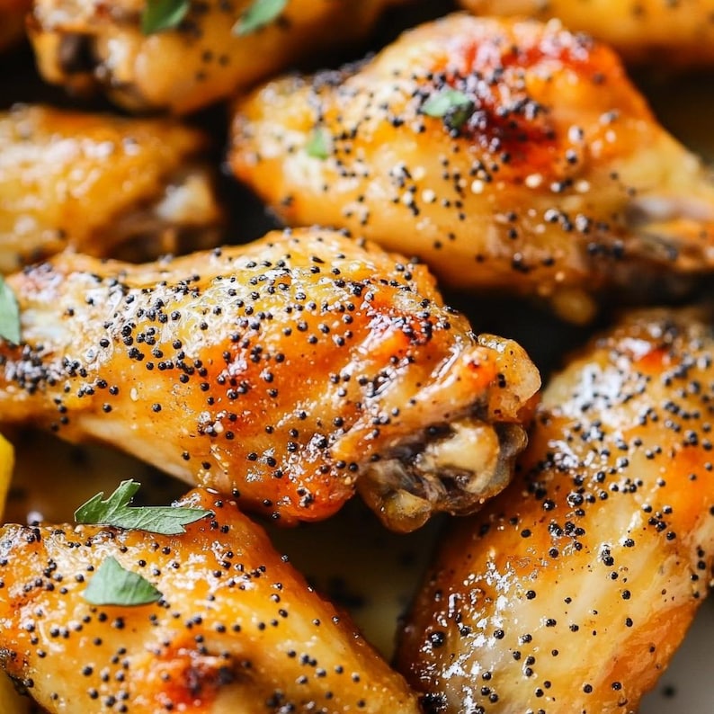 May include: Close-up of several golden brown chicken wings with black peppercorns on top. The wings are arranged in a pile and look crispy and delicious.