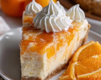 May include: A slice of orange cheesecake on a white plate. The cheesecake has a graham cracker crust, a creamy white filling, and a glossy orange topping. White whipped cream is piped on top. Orange slices are on the side.