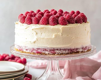 Op de afbeelding: Een ronde taart met witte glazuur en verse rode frambozen erop, gepresenteerd op een heldere glazen taartstandaard. De taart staat op een tafel met frambozen, borden en roze stof.