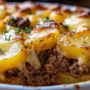 May include: A close-up of a casserole dish filled with a creamy potato and minced beef mixture. The potatoes are golden brown and the beef is cooked and seasoned. The casserole is topped with melted cheese and a few sprigs of parsley.