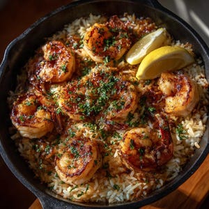 May include: A close-up of a cast iron pan filled with a seafood dish. The dish features cooked prawns, rice, and lemon wedges. The prawns are golden brown and garnished with fresh herbs. The rice is fluffy and light brown.