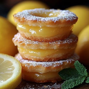 May include: A stack of three lemon cookies with a lemon curd filling. The cookies are dusted with powdered sugar and are surrounded by lemons and mint leaves.