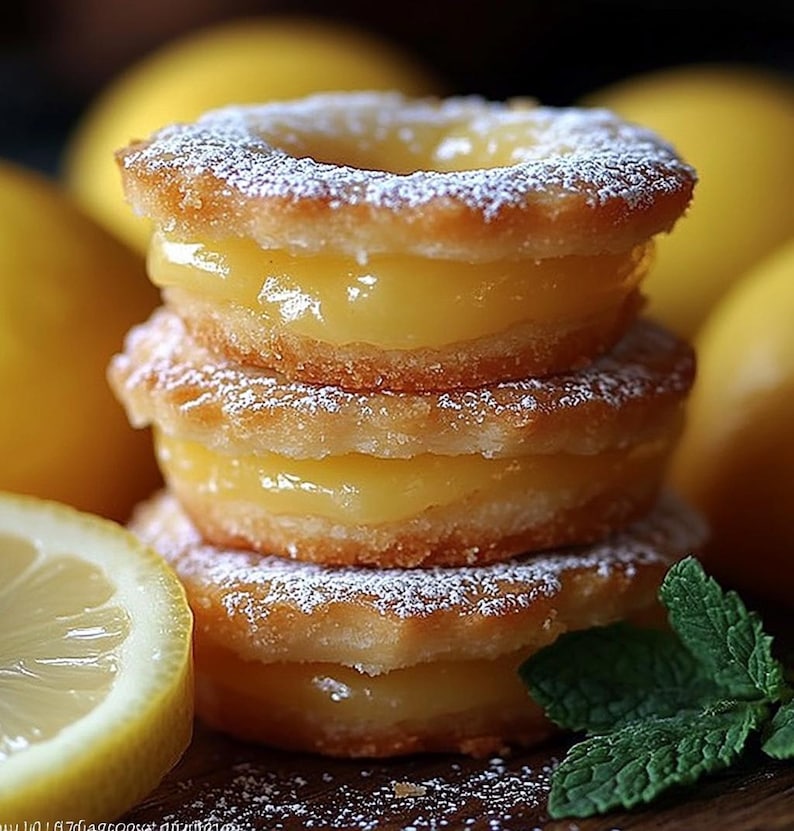 May include: A stack of three lemon cookies with a lemon curd filling. The cookies are dusted with powdered sugar and are surrounded by lemons and mint leaves.