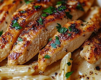 EINFACHES REZEPT für cremige Knoblauch-Parmesan-Huhn-Pasta Rezept (PDF-Download)