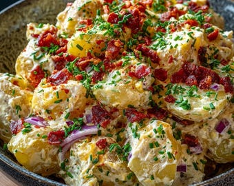 EASY RECIPE For Creamy Loaded Potato Salad Recipe PDF | Bacon And Chive Side Dish | Printable Bbq and Picnic Recipe Download