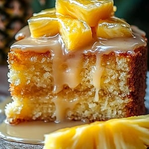 Peut inclure: Une part de g&acirc;teau &agrave; l'ananas garnie de morceaux d'ananas et d'un filet de sauce caramel. Le g&acirc;teau est sur une assiette avec une tranche d'ananas.