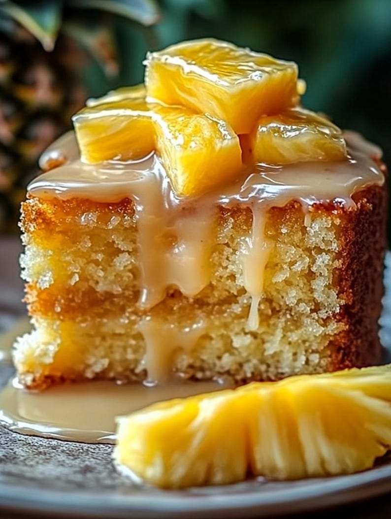 Peut inclure: Une part de g&acirc;teau &agrave; l'ananas garnie de morceaux d'ananas et d'un filet de sauce caramel. Le g&acirc;teau est sur une assiette avec une tranche d'ananas.