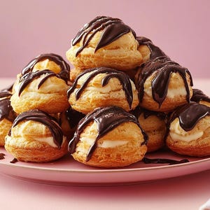 Pode incluir: Um prato de profiteroles cobertos de chocolate. Os profiteroles estão dispostos em forma de pirâmide e são cobertos com uma generosa quantidade de molho de chocolate.