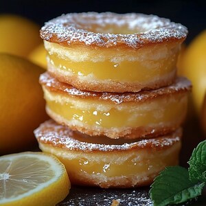 May include: Three lemon donuts stacked on top of each other. Each donut is filled with a lemon curd and topped with powdered sugar. A slice of lemon and a sprig of mint are in the foreground.