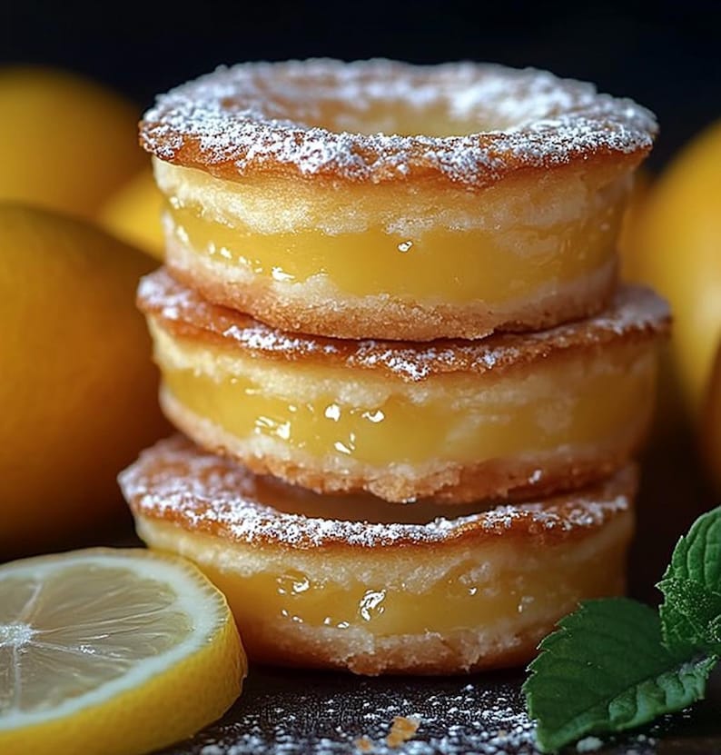 May include: Three lemon donuts stacked on top of each other. Each donut is filled with a lemon curd and topped with powdered sugar. A slice of lemon and a sprig of mint are in the foreground.