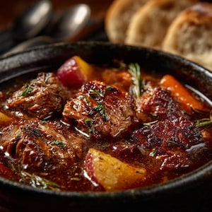 Könnte beinhalten: Nahaufnahme eines herzhaften Rindfleisch-Eintopfs in einer dunklen Schüssel. Der Eintopf enthält große Stücke von zartem Rindfleisch, Karotten, Kartoffeln und Kräutern in einer reichhaltigen, dunklen Brühe. Scheiben knusprigen Brotes sind im Hintergrund, mit einem Paar Löffel.