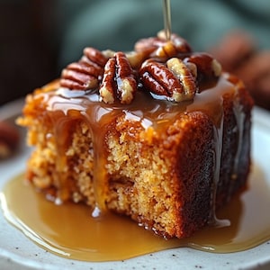 May include: A slice of pecan cake topped with pecans and drizzled with caramel sauce on a white plate.