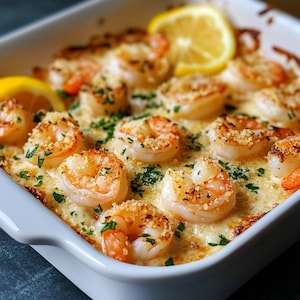 May include: A baked shrimp dish in a white square dish. The prawns are golden brown with a breadcrumb topping, in a creamy sauce. Garnished with chopped parsley and lemon slices. A delicious seafood meal.