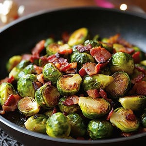 May include: A close-up shot of a black skillet filled with roasted Brussels sprouts and crispy bacon. The Brussels sprouts are a vibrant green, with some halves showing a golden-brown caramelized surface. The bacon is a deep red-brown, adding a savory contrast.