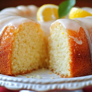 May include: A close-up of a lemon cake with a white glaze. The cake is cut in half, revealing the moist, yellow interior. The cake is decorated with lemon slices and a sprig of green leaves.