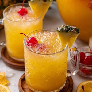 Może przedstawiać: Dwa szklane kubki wypełnione żółtym, pienistym napojem, udekorowane czerwoną wiśnią i kawałkiem ananasa. Napoje stoją na drewnianych podstawkach, z plasterkami pomarańczy i dzbanem w tle. Orzeźwiający tropikalny koktajl.