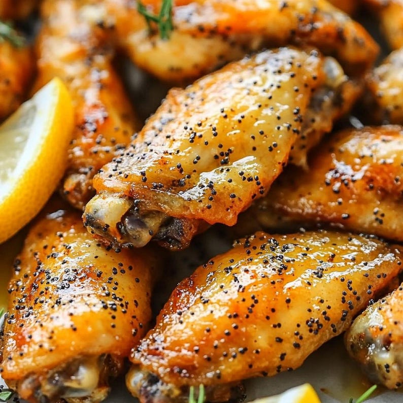 May include: Close-up of a plate of crispy, golden brown chicken wings coated in a savory, black pepper sauce. The wings are arranged in a pile, with some overlapping.
