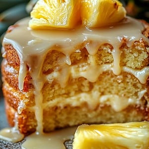 Peut inclure: Un gros plan d'un g&acirc;teau renvers&eacute; &agrave; l'ananas avec un gla&ccedil;age blanc et des tranches d'ananas sur le dessus. Le g&acirc;teau est coup&eacute; en deux et l'int&eacute;rieur est visible.