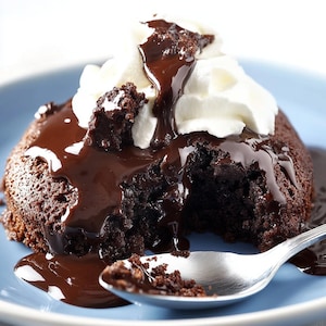 Puede incluir: Un pastel de lava de chocolate con un centro de chocolate derretido, cubierto con crema batida y rociado con salsa de chocolate.