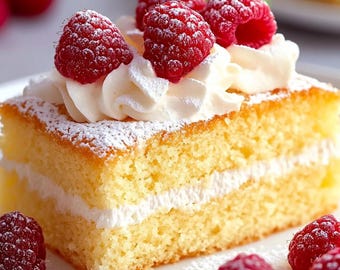 May include: A square slice of vanilla sponge cake layered with whipped cream and topped with fresh raspberries. The cake is dusted with icing sugar and served on a white plate.