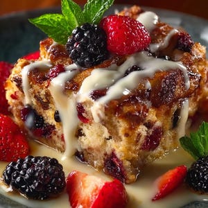 May include: A close-up of a slice of bread pudding topped with fresh berries and a drizzle of white sauce. The berries include blackberries, raspberries, and sliced strawberries, with a sprig of mint. The dessert is served on a dark plate.