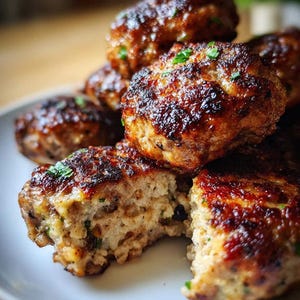 以下が含まれることがあります： 白いお皿に盛られた、調理済みのミートボールのクローズアップ。ミートボールは茶色で、わずかに焦げ付いた外観をしています。いくつかカットされており、ハーブが入った明るい色の内側が見えています。