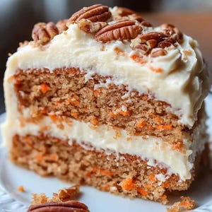 May include: A slice of carrot cake with cream cheese frosting and pecan pieces on top. The cake is on a white plate.