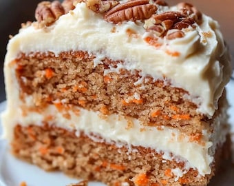 May include: A slice of carrot cake with cream cheese frosting and pecan pieces on top. The cake is on a white plate.