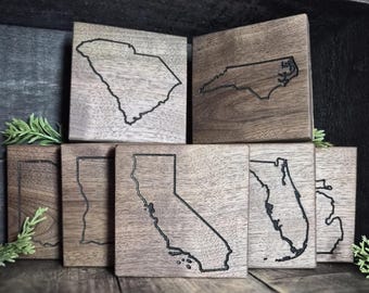 Custom Walnut State Coasters, Engraved City & Country Coasters