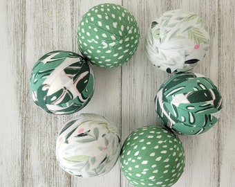 2 1/3 inch Fabric Bowl Fillers - Green and White Rag Balls - Green Tabletop or Mantel Decor