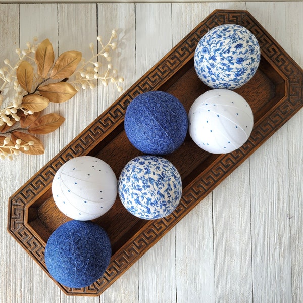 Blue and White 3 Inch Bowl Fillers - Set of 6 - Farmhouse Rag Balls - Table or Mantel Decor - Blue Home Decor Orbs