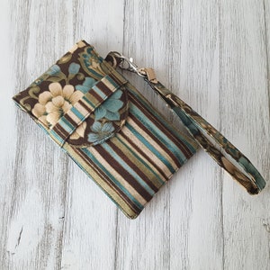 Floral Brown Turquoise Cell Phone Wristlet Pouch