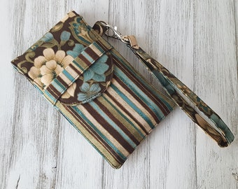 Brown and Turquoise Cell Phone Pouch - Smartphone Wristlet - Cell Phone Cover