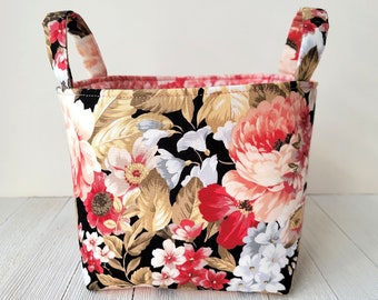 Pink Black Floral Fabric Bin with Handles - 6x6x5 Inch Organization Box - Fabric Storage Container