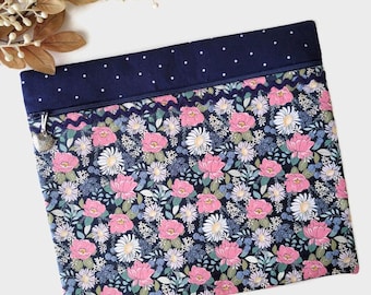 May include: A navy blue zippered pouch with a white polka dot pattern on the top flap. The pouch is lined with a white lace trim and features a floral print with pink flowers on a dark blue background.
