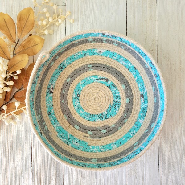 Coiled Rope Basket 7.5" wide, Turquoise and Gray Home Decor Bowl, Storage Containe